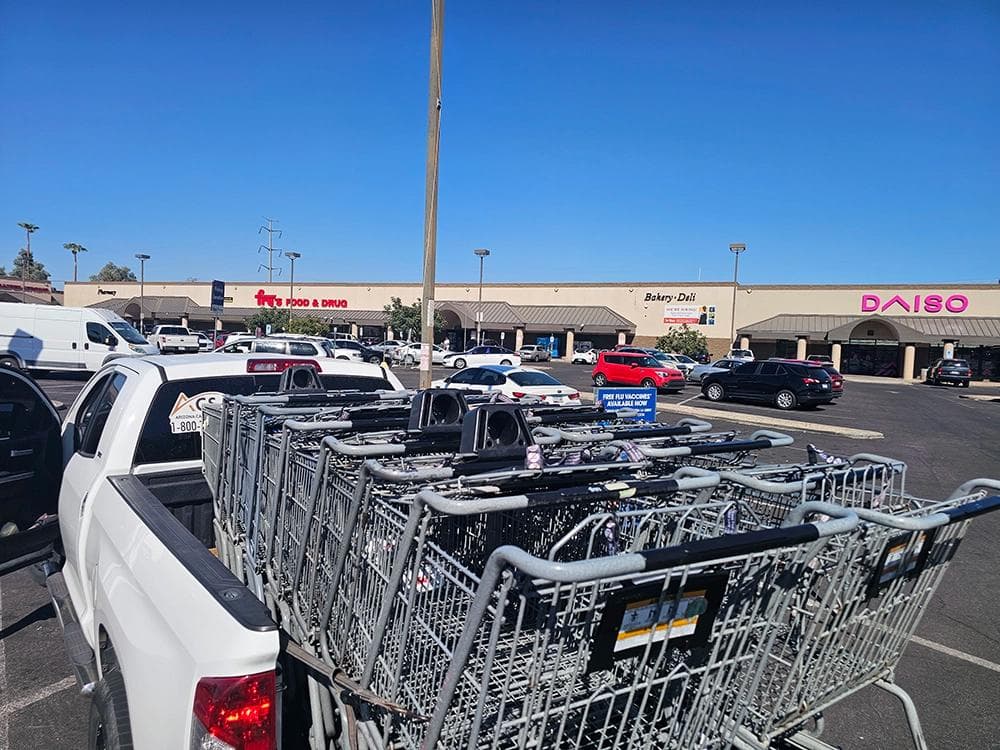 Recovered shopping carts loaded on a pickup truck
